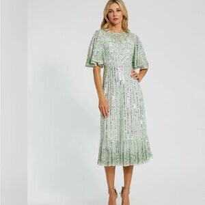 MAC DUGGAL Flounce Sleeve Mint Midi Dress